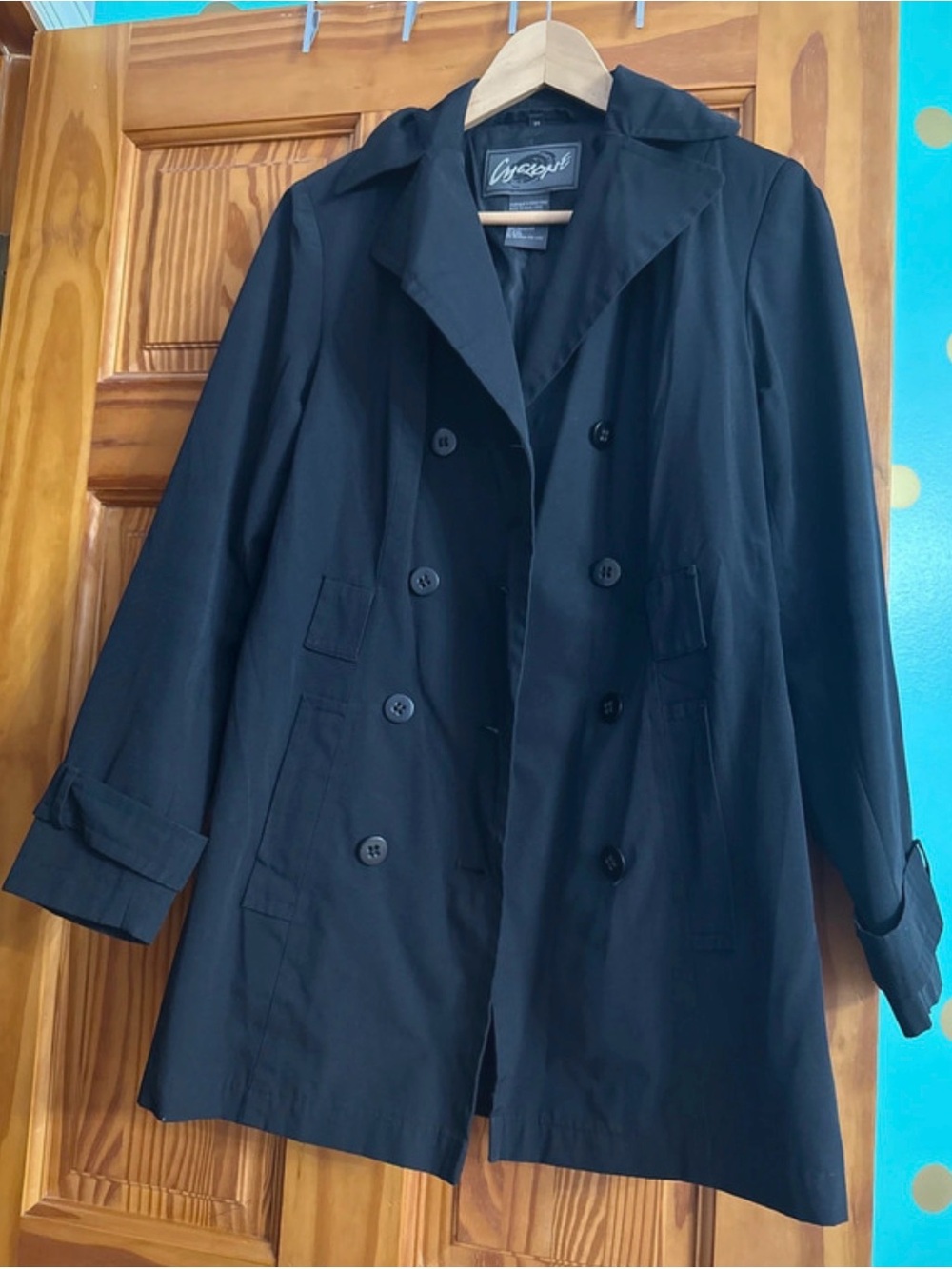 Black Double-Breasted Trench Coat with Notched Collar
